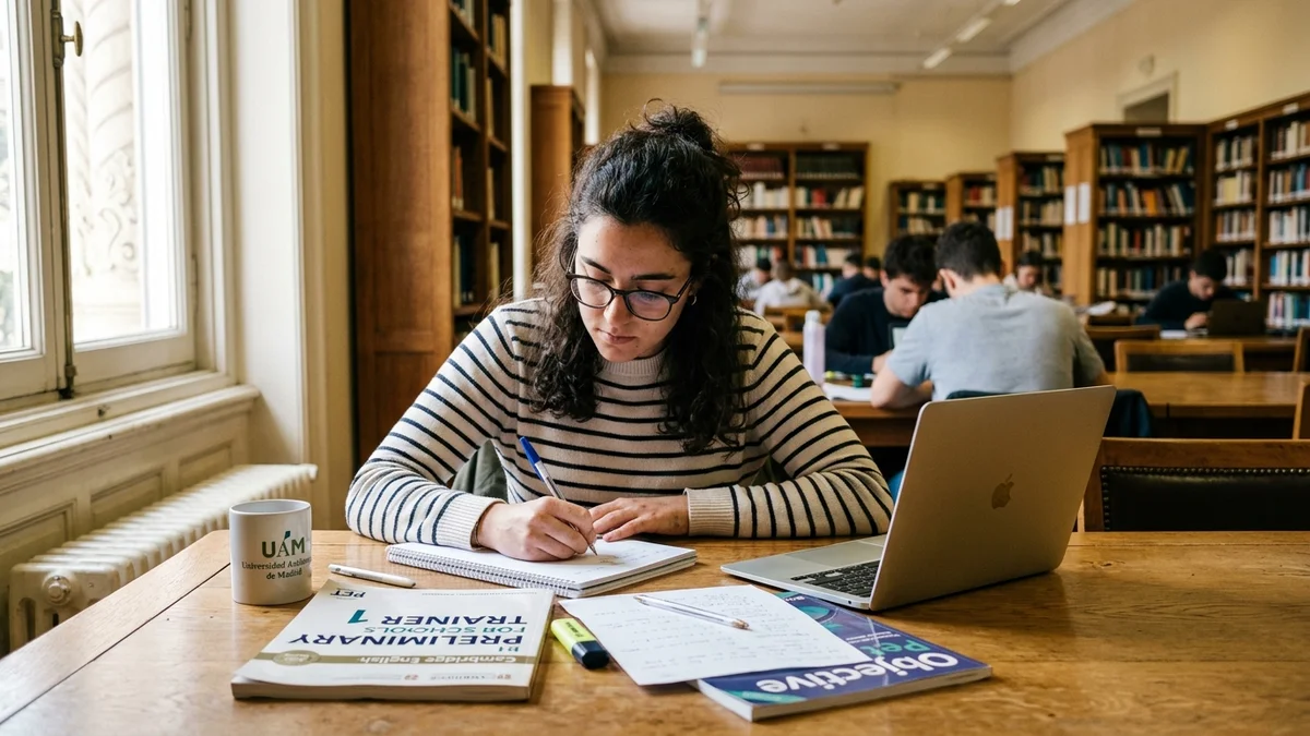 Estudiante universitaria preparando el examen Cambridge B1 Preliminary con libros de ejercicios y portátil en biblioteca de Madrid