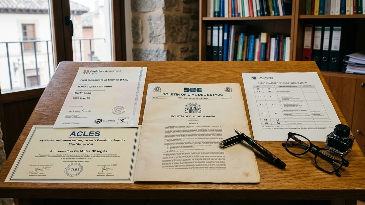 Certificados oficiales de idiomas Cambridge English, boletín oficial del estado BOE y acreditación ACLES sobre escritorio de madera